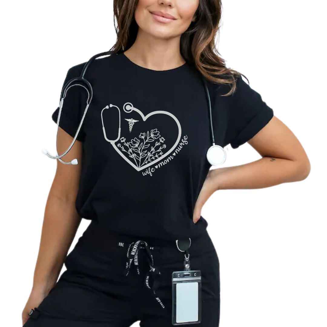 Wife, Mom, Nurse Heart Stethoscope T-shirt