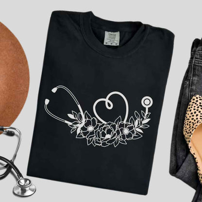 Floral Stethoscope Minimalist T-shirt