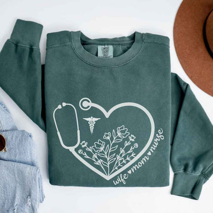 Wife, Mom, Nurse Heart Stethoscope Sweatshirt