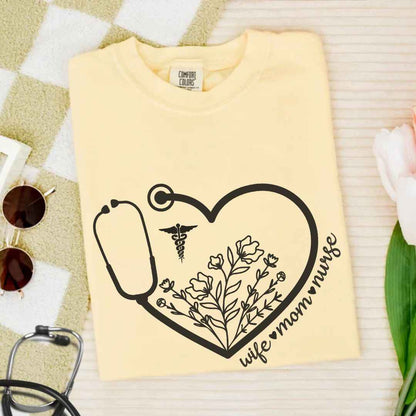 Wife, Mom, Nurse Heart Stethoscope T-shirt