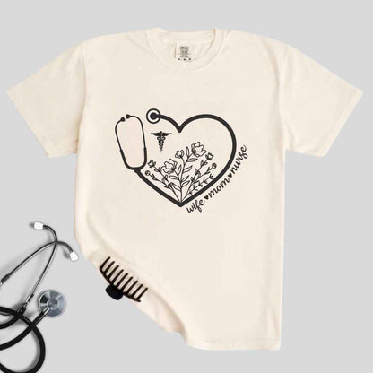 Wife, Mom, Nurse Heart Stethoscope T-shirt