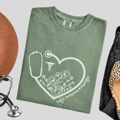 Wife, Mom, Nurse Heart Stethoscope T-shirt