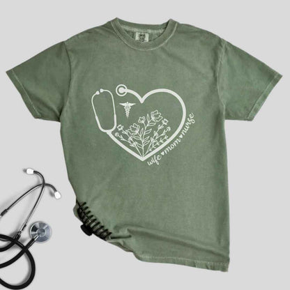 Wife, Mom, Nurse Heart Stethoscope T-shirt