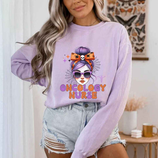 Oncology Nurse Messy Hair Halloween Sweatshirt