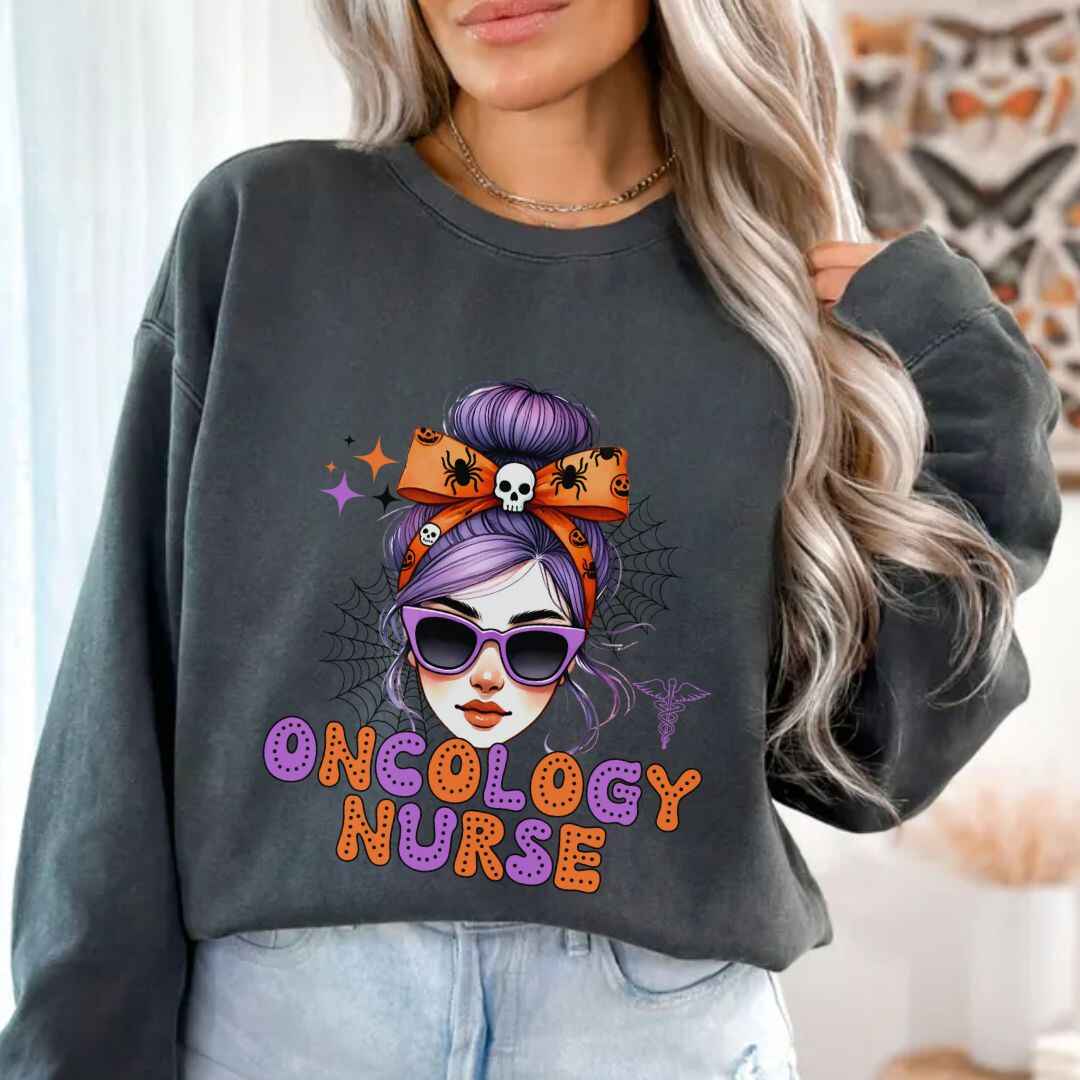 Oncology Nurse Messy Hair Halloween Sweatshirt