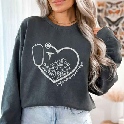 Wife, Mom, Nurse Heart Stethoscope Sweatshirt