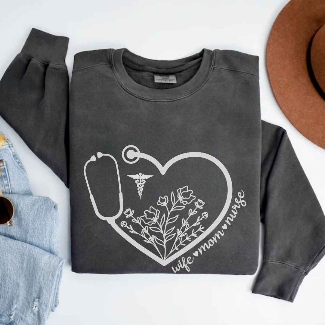 Wife, Mom, Nurse Heart Stethoscope Sweatshirt