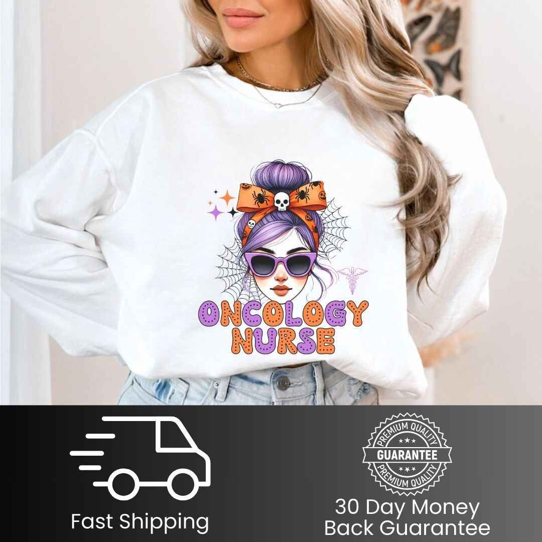 Oncology Nurse Messy Hair Halloween Sweatshirt